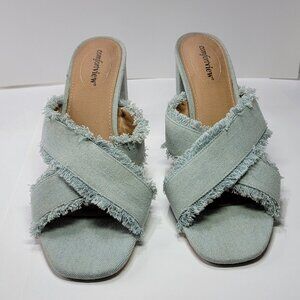 ComfortView Light Blue Frayed Denim Sandals with Block Heel, Size 11, EUC